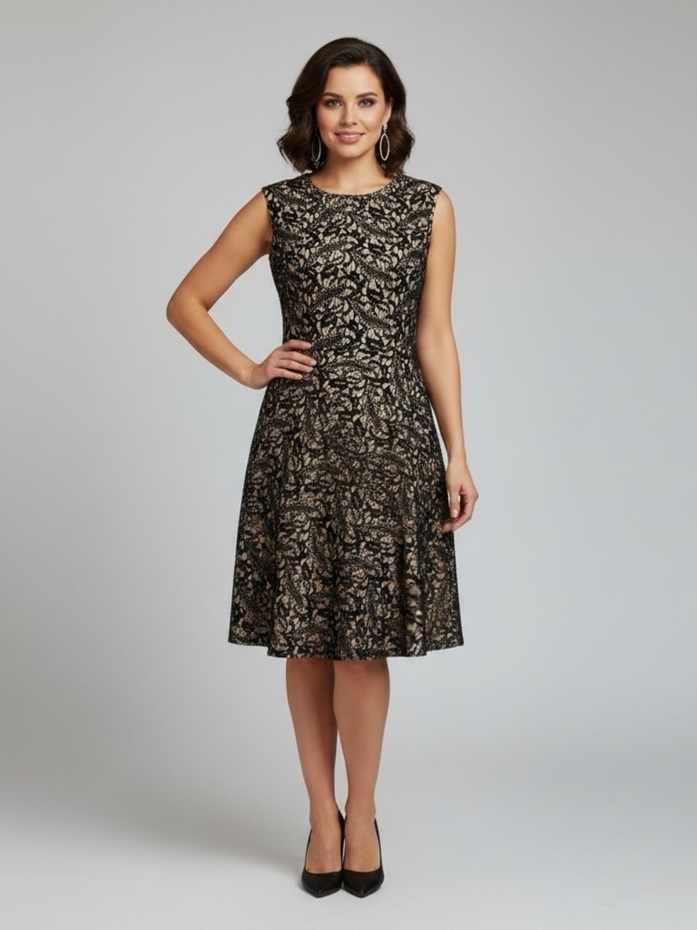 Tahari ASL Black Beige Lace Fit Flare Cocktail Dress Size 12